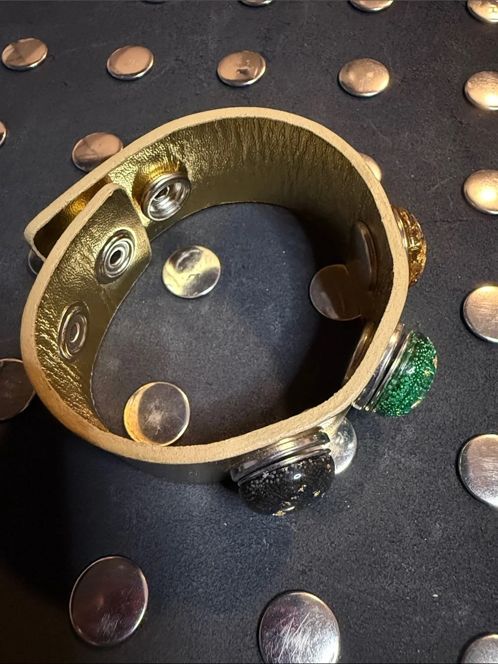 Snap Gold-Tone Cuff Bracelet with Green, Black, and Brown Accents